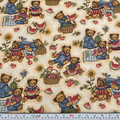 Vtg EOB Picnic Bears Watermelons Springs Industries Cotton Remnant 25'' x 45''