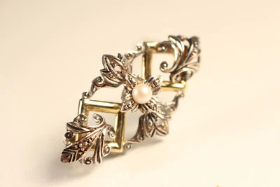 Antike Brosche 750er Gold Teilweise Platiniert 4 Diamanten Perle Vintage ca.1890 - Bild 1 von 4