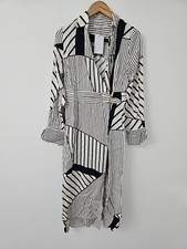 Fig & Basil Womens Black Stripe Midi Shirt Dress UK10 Viscose Long Sleeve