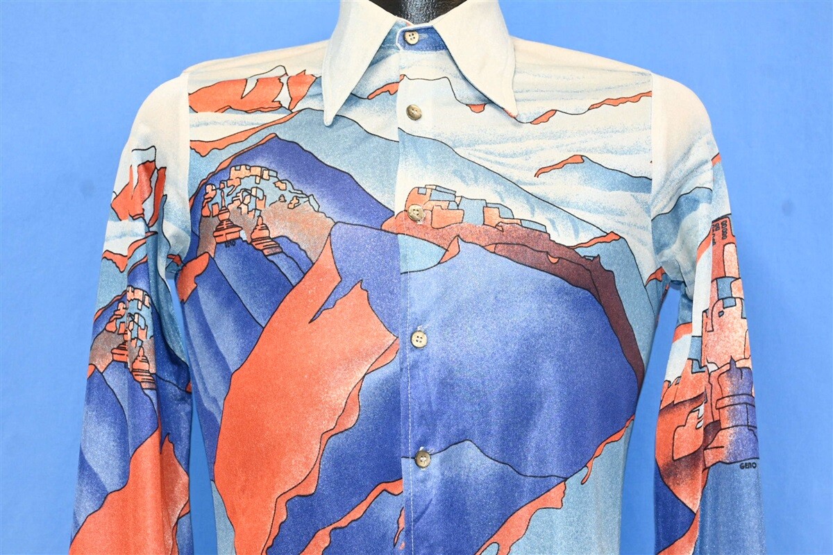 vintage 70s GENO MOUNTAIN LANDSCAPE BLUE ORANGE NYLON BIG COLLAR