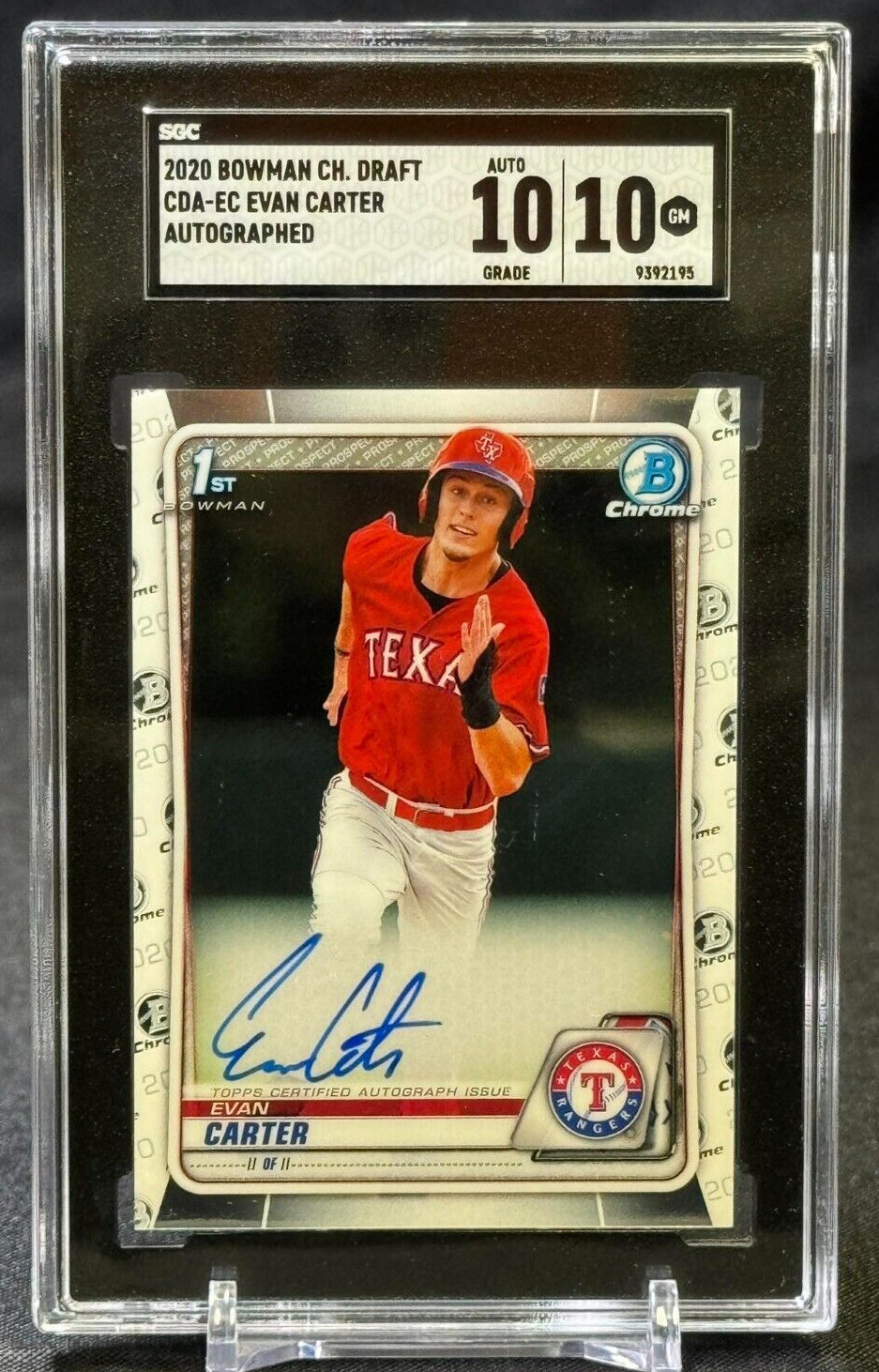 Evan Carter 2020 Bowman Chrome Draft 1st Bowman Autograph SGC 10 Auto 10 Rangers