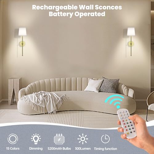 Battery Operated Wall Sconces Set of Two, Gold Rechargeable Wall Lights