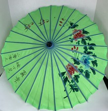 Parasol Umbrella Bamboo Wood Green Hand-painted Birds Blossoms Floral Asian