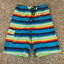Hang Ten Men Sz XL Rainbow Striped Swim Trunks Cargo Shorts Mesh Lined EUC