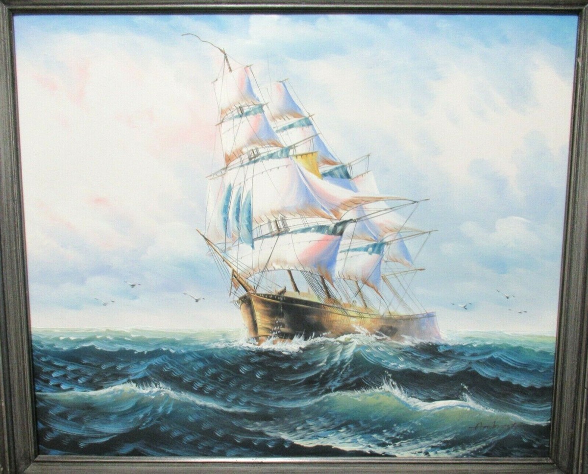 AMBROSE LARGE OIL ON CANVAS SAILING CLIPPER SHIP AT SEA PAINTING