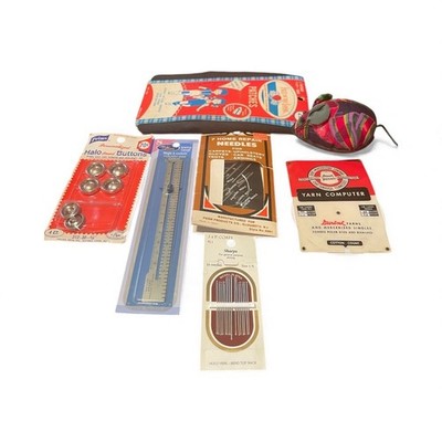 Vintage Sewing Supplies Bundle - Needles Yarn Computer Patches Buttons Ruler (J5