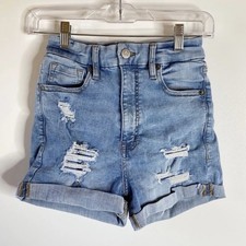 Aeropostale Womens Shorts Sz 4 Light Wash Super High Rise Distressed Midi Shorts