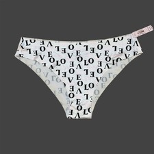 NWT Victoria's Secret Satin Ivory Love VS Print Felt No Show Bikini Panty Size L