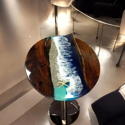 18'' Ocean Wave Epoxy Resin Table with Starfish Round 3D Beach Art Wood Home Deco
