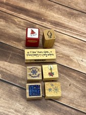 SET OF 7 HOLIDAY THEMED WOOD MOUNTED RUBBER STAMPS PEACE SANTA HAT SNOWFLAKE
