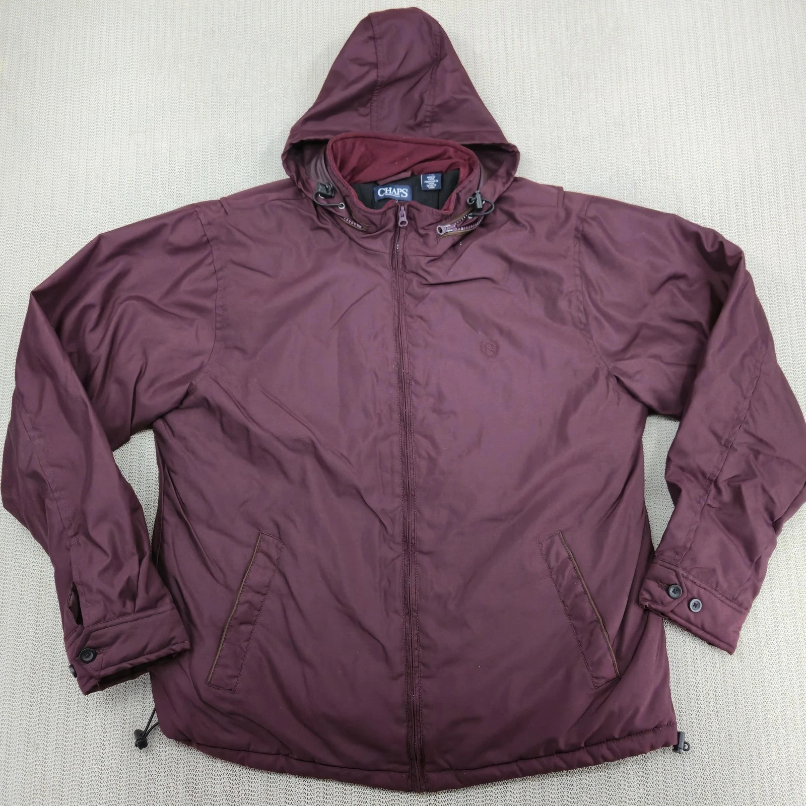 Chaps Jacket Mens Large Maroon Hooded Full Zip Fleece Lined Drawcord Hem