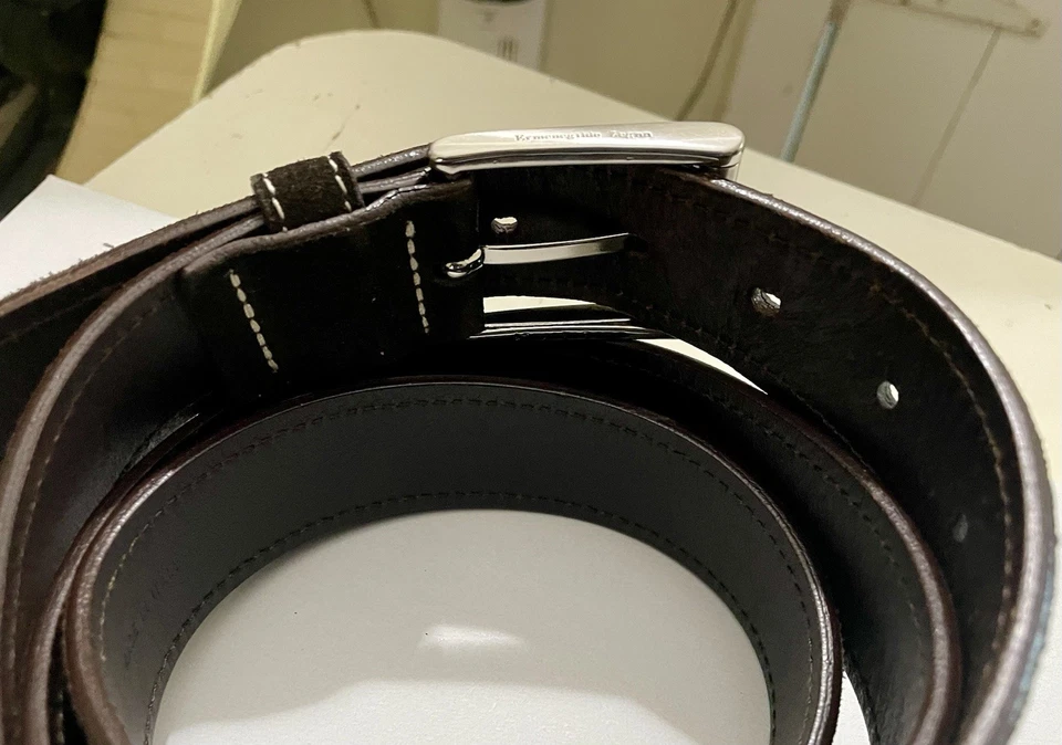 Ermenegildo ZENGA Hombre Marrón Gamuza Cuero Cinturón Hebilla Plateada Italia-Talla 42 Foto 2 de 4