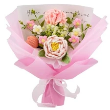Crochet Flowers Bouquet with Crochet Flowers of Peony, Tulips, Carnation pink