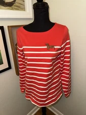 Joules Top Womens 6/ UK 10 Dachshund Harbour Embroidered Cotton Red Striped