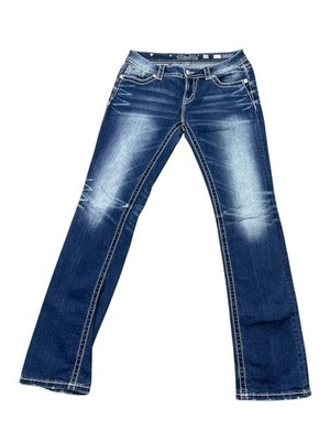 Miss Me Signature Straight Jeans 29 X 32  Bedazzled Flap Pocket Arrow Dark Wash 