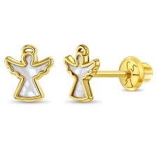 14k Gold Mother of Pearl Angel Kids / Children's Earrings Safety Screw Back