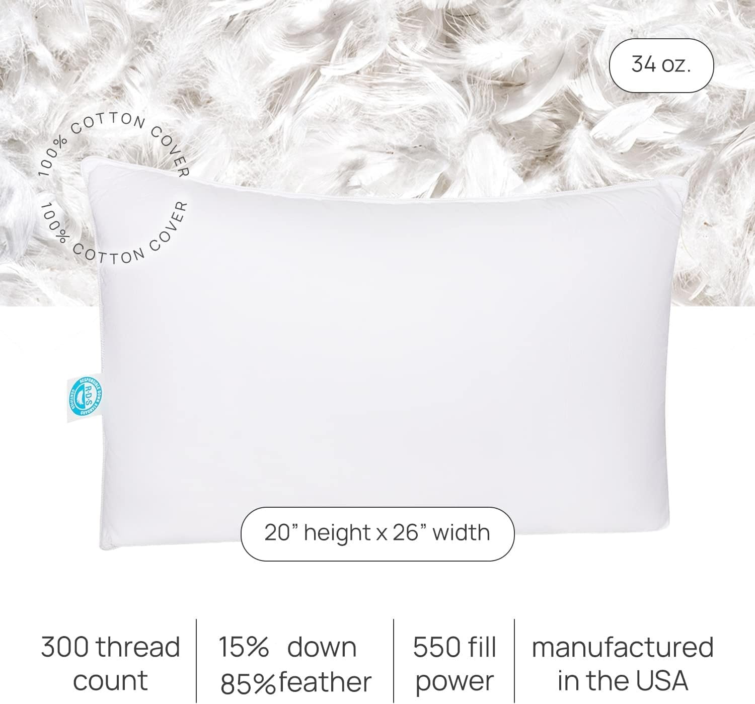 Cozy Dream Goose Feather and Down Pillows - RDS Certified, 100% Cotton Cover,...