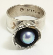 Artisan SIGNED Sterling Silver Freshwater Tahitian Pearl Flower Ring Sz5.75