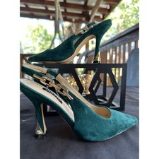 Nine West Women's Slingback Heels Pointed Toe Suede Chain Detail Green Size 5.5M