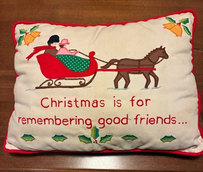 Vintage Silvestri Christmas Pillow Embroidered Sleigh Horse Bells Holly