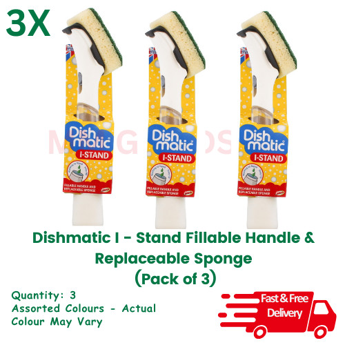 Dishmatic Stand Fillable Handle & Replaceable Sponge - Pack of 3 assorted
