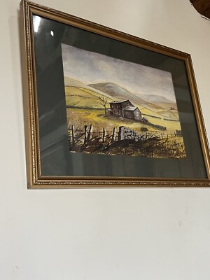 Aquarell Gemälde einer Berg Stein Scheune & Bauernhof Szene Schild Van Hoppe 1982.