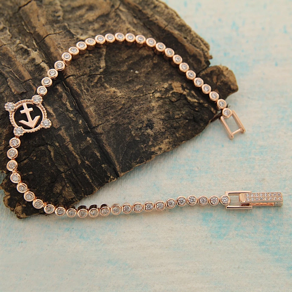 4.25 Ct Round Simulated Diamond Cross Anchor Tennis Bracelet 7" Rose Gold Plated - Image 2 of 4