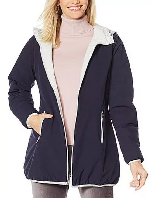 Laurier Pale Navy Grey Stretch Reversible Coat L New Silver Night