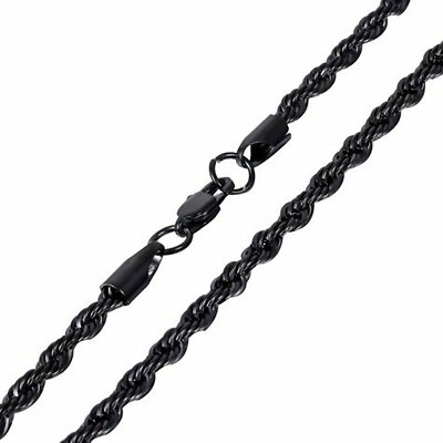 Black Rope Chain Necklace Mens Stainless Steel 7mm 20-24 inch Hypoallergenic