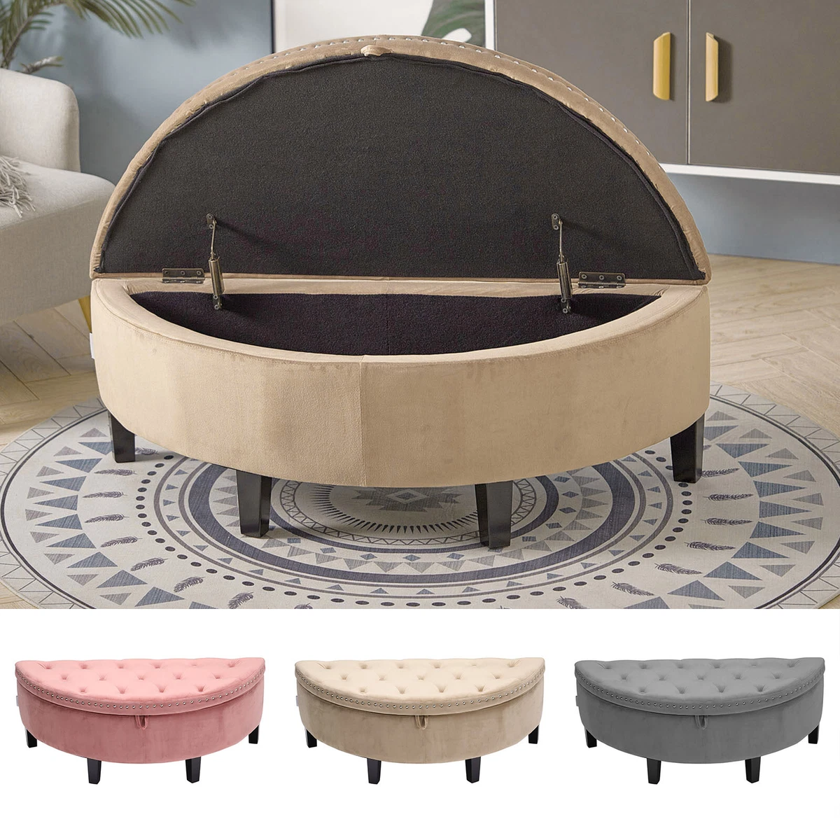 Velvet Ottoman Storage Bench Semi Round Chest Box Chair Footstool Wall Side Seat
