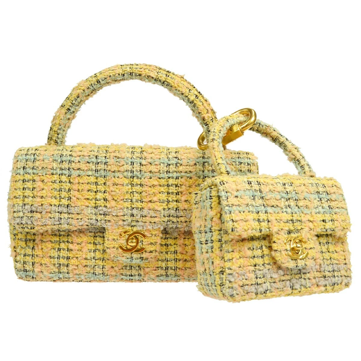 CHANEL Classic Single Flap 2 in 1 Hand Bag Set Yellow Tweed AK31944b