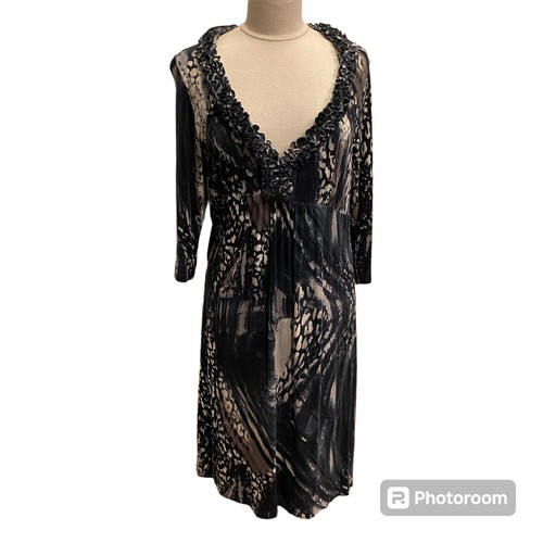 Karen Kane Stretch Jersey Dress Ruffles Abstract Plunge Neckline 1X Witchy Goth