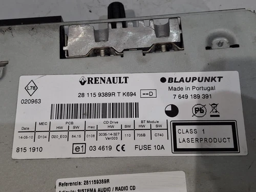 281159389R Sistema Audio/Radio Cd para RENAULT MEGANE III BERLINA 5P 2010 129692 - Imagen 4 de 10