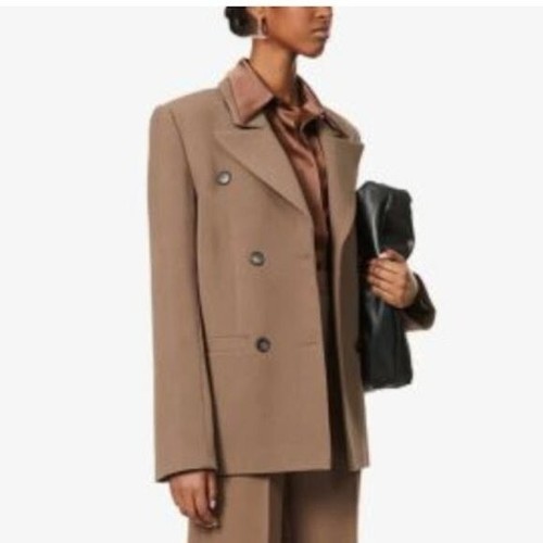 LESYANEBO Women Double Breasted Blazer Taupe Long Sleeve Tan Brown Size Small
