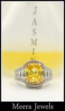 Vivid Yellow Emerald Cut 4.25CT Citrine With Brilliant Round Cut CZ Wedding Ring