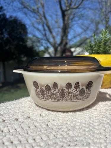 VTG Rare English JAJ Pyrex Brown Trees Casserole Dish w/ Lid 3 Bowls & 3 Lids