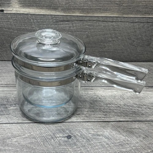 Vintage Pyrex Flameware Glass Double Boiler w/ Lid 6283-L Made in USA 1.5 qt