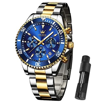 Men Watch,Big Dial Watches for Men Gold Silver Stainless Steel/Blue Dial-2870
