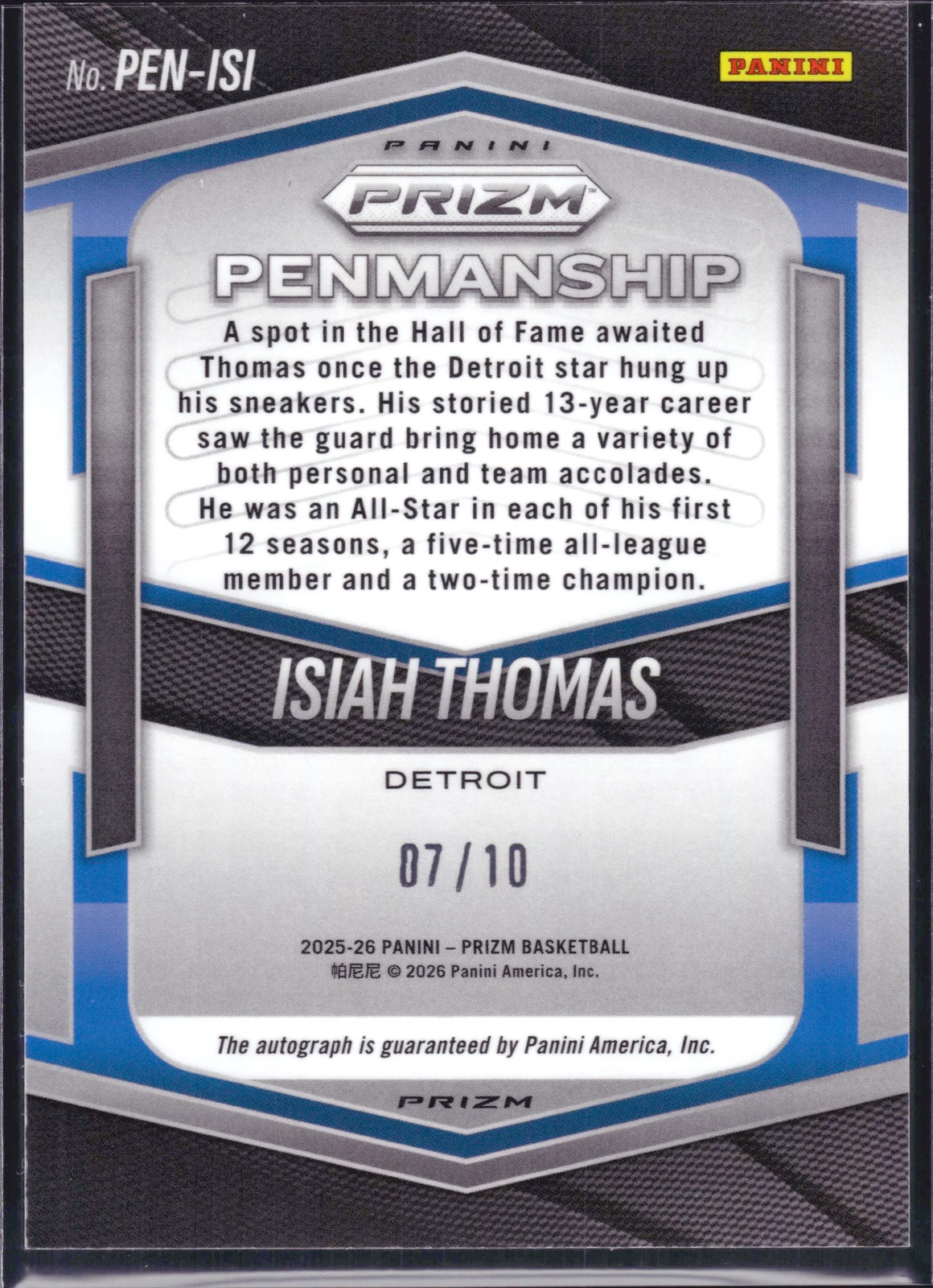 2026 Panini Prizm Penmanship Isiah Thomas #PEN-ISI Gold /10 Auto view 2