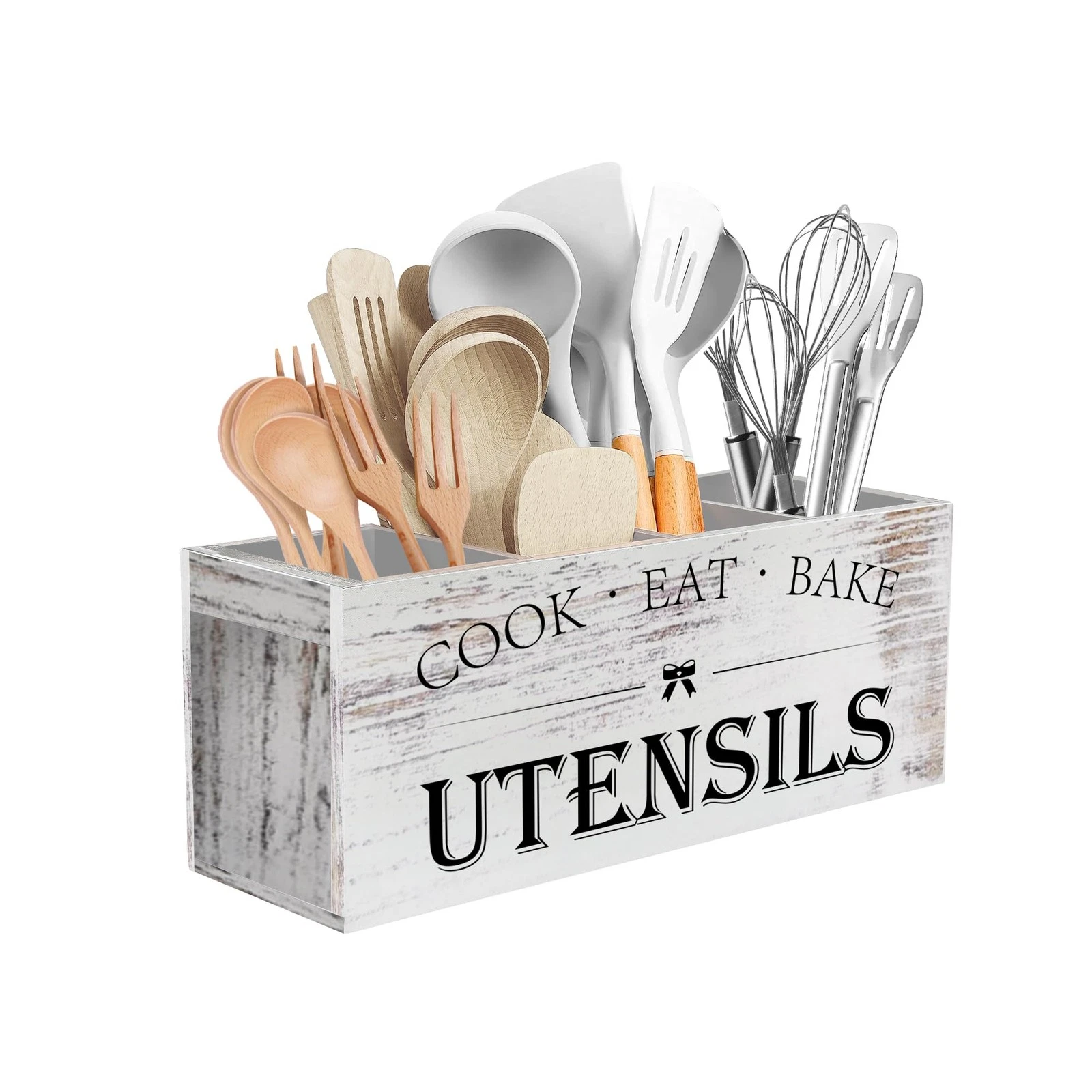 Extra Large Kitchen Utensils Holder with 4 Compartments, Wooden Utensil Organ...