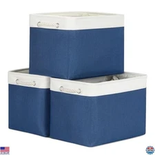 Large Fabric Storage Baskets 3 Pack - Navy Blue Collapsible Organizers for