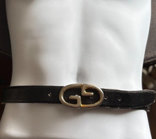 Vintage Gucci Black Water Buffalo Leather Belt Gold  Silver GG Buckle Size 36