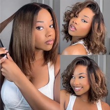 10 Inch Lace Yaki Straight Bob Wig Chestnut Brown Ombre Human Hair UNICE Knots