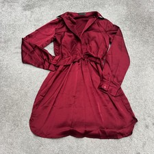 Prettylittlething Satin Wrapped Shirt Dress Womens 6 Burgundy Red Long Sleeve