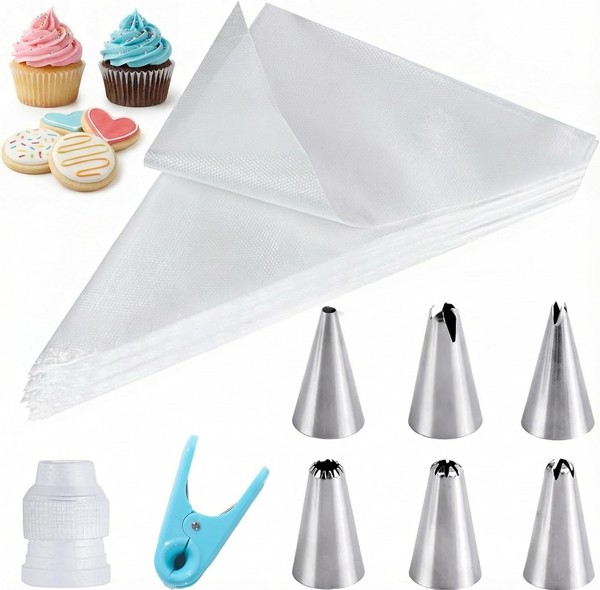 Einweg Spritzbeutel Set 100 StüCk Mit 6 Edelstahl TüLlen Tortendeko Cupcakes-image