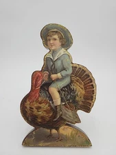 Thanksgiving Pilgrim Child Blue Boy Riding Turkey Dummy Board 