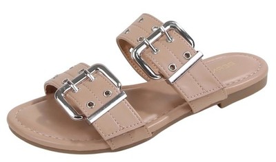 Berness Women Slide Sandals Buckle Adjustable Strap Flat Metal Eyelet KYLE Beige
