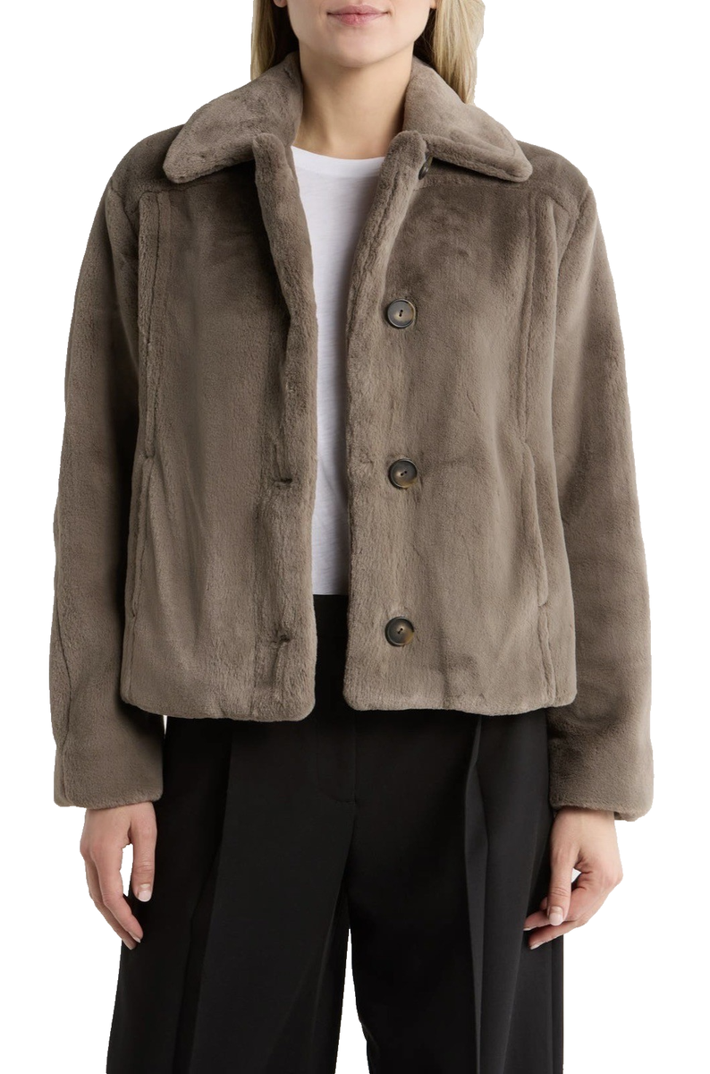 VINCE $698 Faux Fur Trucker Jacket Taupe M (8-10) Machine Washable