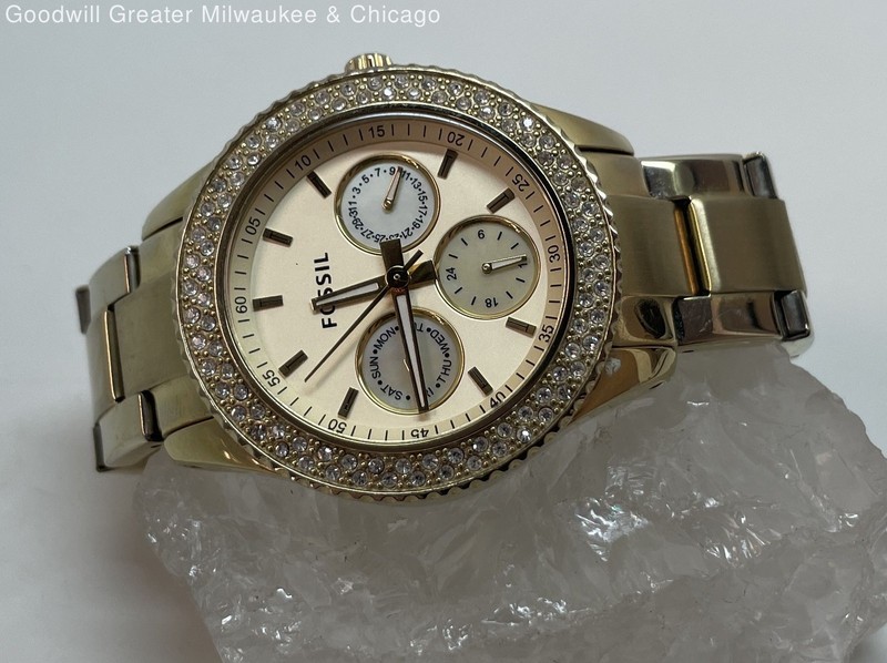 Fossil ES3101 Chronograph Rhinestone Gold Tone Stainless Steel Watch 100g