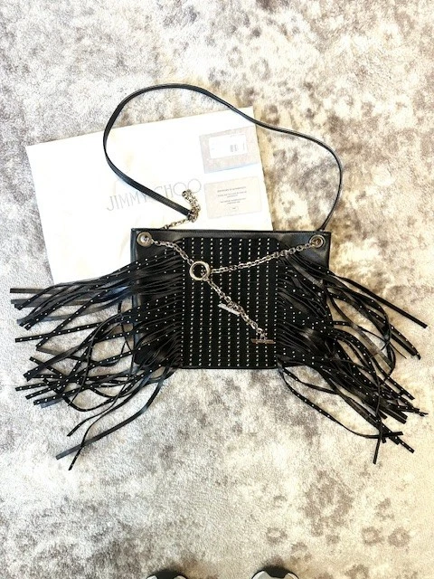 Jimmy Choo Alexia 黑色流苏斜挎包手提包 — 第 2/4 张图片